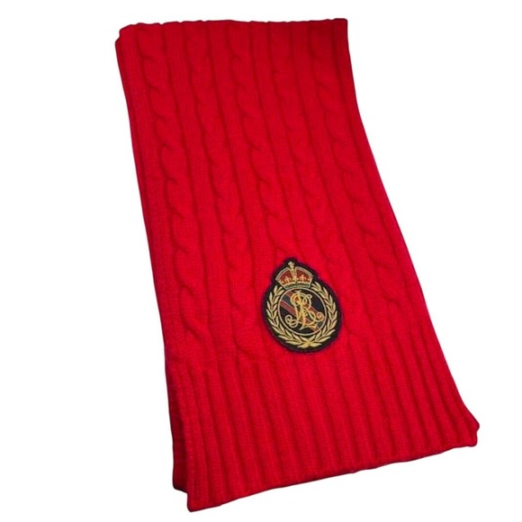 VTG Ralph Lauren Red Cable Knit Pom Beanie Hat Scarf Set Embroidered Crest‎ Logo